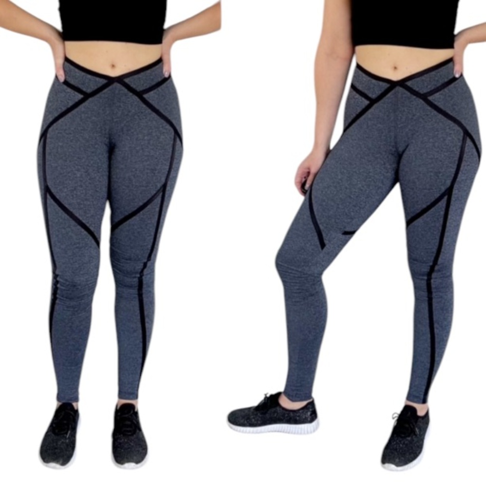 Karma gray black crisscross cut out back stretch full length leggings size XS
